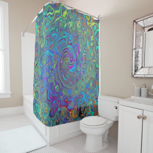 Magenta, Blue and Sea Foam Green Retro Swirl Shower Curtain (In Situ)