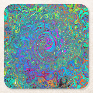Magenta, Blue and Sea Foam Green Retro Swirl Square Paper Coaster