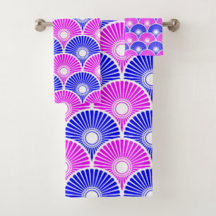 Magenta Blue Chinese Semi Circle Wave Pattern Bath Towel Set
