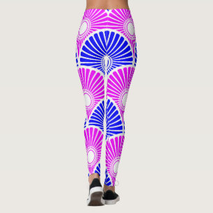 Magenta Blue Chinese Semi Circle Wave Pattern Leggings