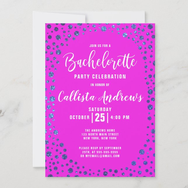 Magenta Blue Glitter Confetti Border Bachelorette Invitation (Front)