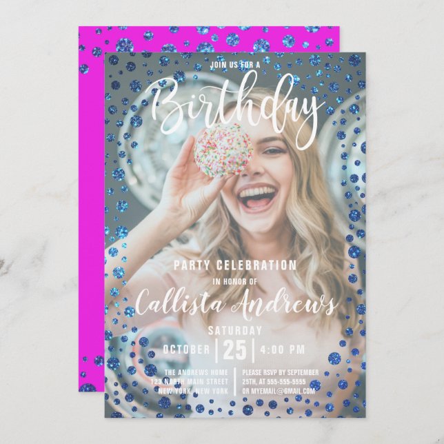 Magenta Blue Glitter Confetti Photo Birthday Invitation (Front/Back)