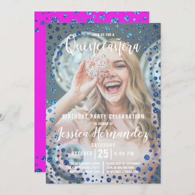 Magenta Blue Glitter Confetti Photo Quinceañera Invitation (Front/Back)