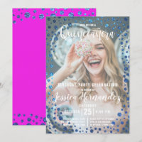 Magenta Blue Glitter Confetti Photo Quinceañera