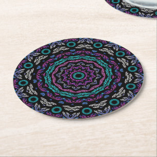 Magenta Blue Teal Gothic Stained Glass Mandala Round Paper Coaster