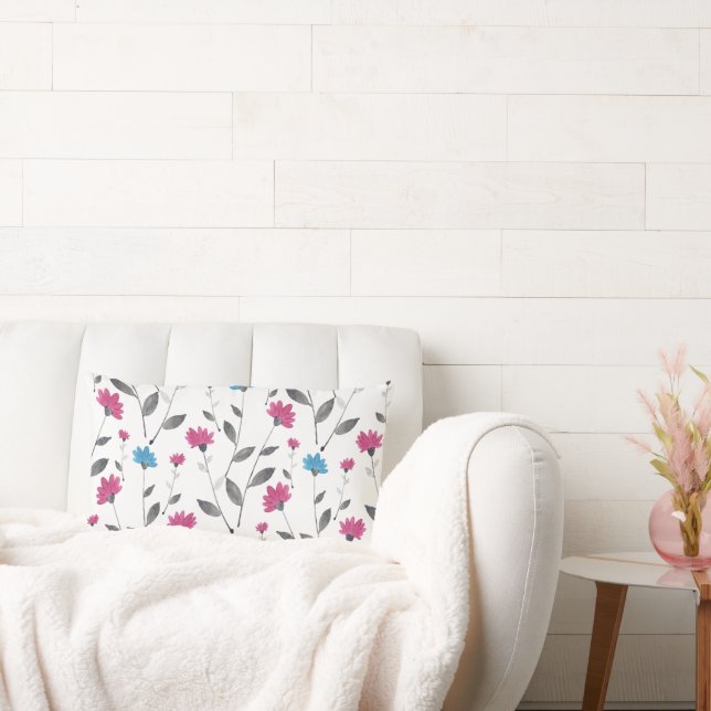 Magenta Blue Watercolor Daisy Pattern   Lumbar Cushion (Couch)
