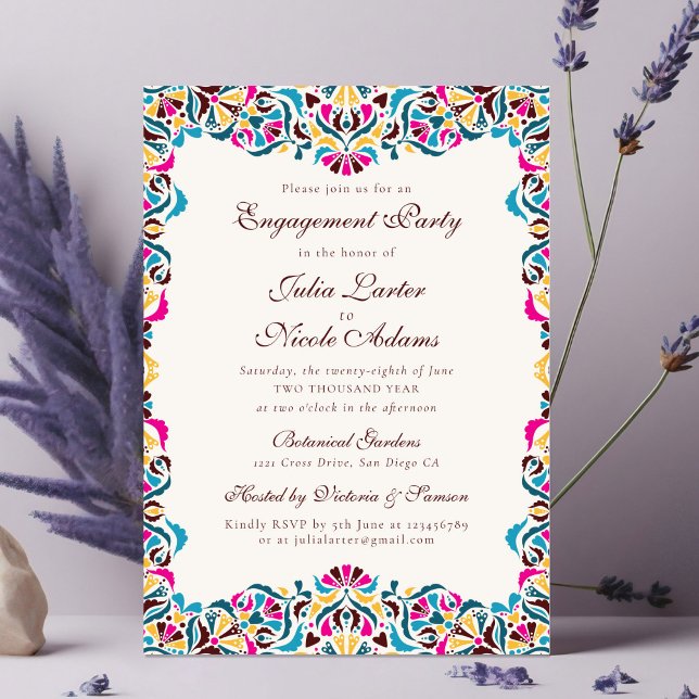 Magenta Blue Whimsical Floral Engagement Party Invitation (Creator Uploaded)