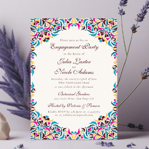 Magenta Blue Whimsical Floral Engagement Party Invitation