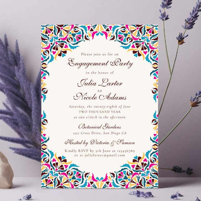 Magenta Blue Whimsical Floral Engagement Party Invitation (Creator Uploaded)
