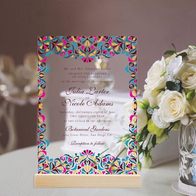 Magenta Blue Whimsical Floral Mandala Wedding Acrylic Invitations (Creator Uploaded)