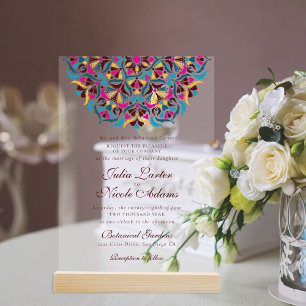 Magenta Blue Whimsical Floral Mandala Wedding Acrylic Invitations