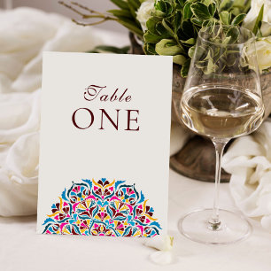 Magenta Blue Whimsical Floral Wedding Table Number
