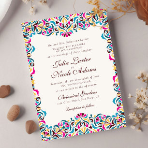 Magenta Blue Yellow Whimsical Floral Wedding Invitation