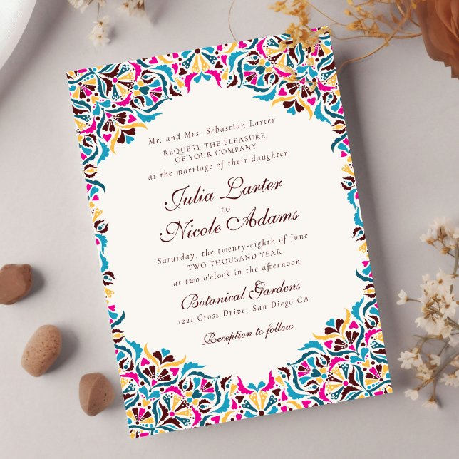 Magenta Blue Yellow Whimsical Floral Wedding Invitation (Creator Uploaded)