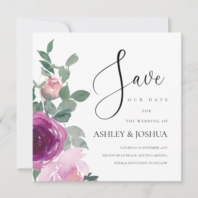 Magenta Blush Pink Floral Over White Save The Date Invitation (Front)