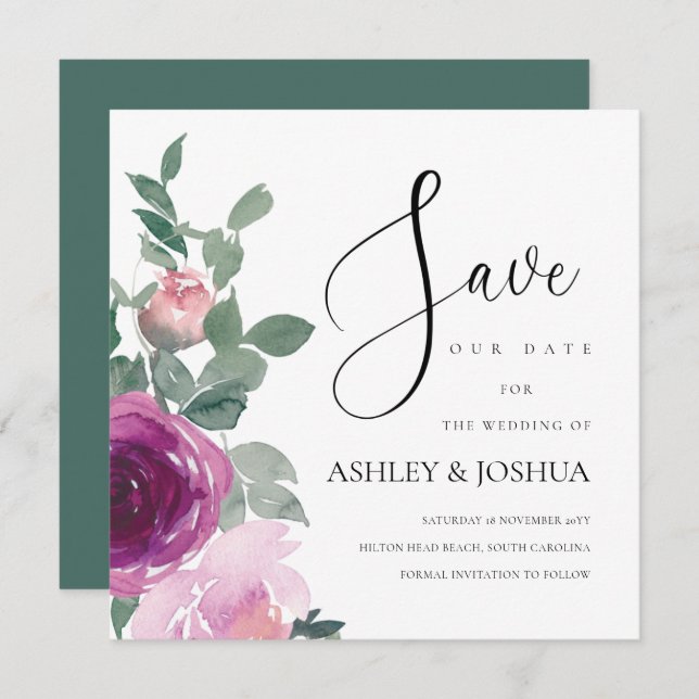 Magenta Blush Pink Floral White Save The Date Invitation (Front/Back)