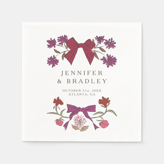 Magenta Boho Ribbons and Flowers Wedding Napkin (Front)