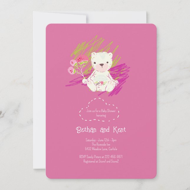 Magenta Boho Teddy Bear Baby Shower Invitation (Front)