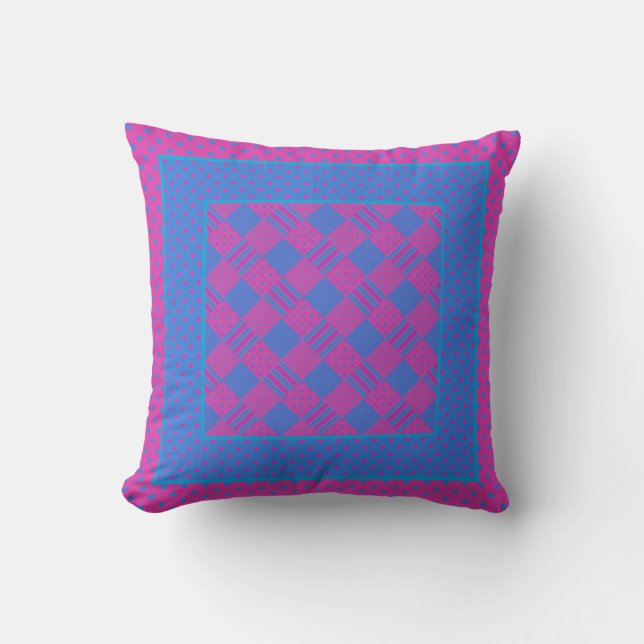 Magenta, Bright Blue Patchwork, Polka Dots Cushion (Front)