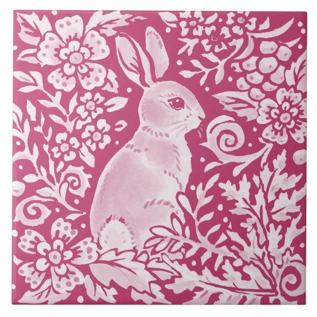 Magenta Bunny Rabbit Woodland Animal Nature Floral Ceramic Tile (Front)