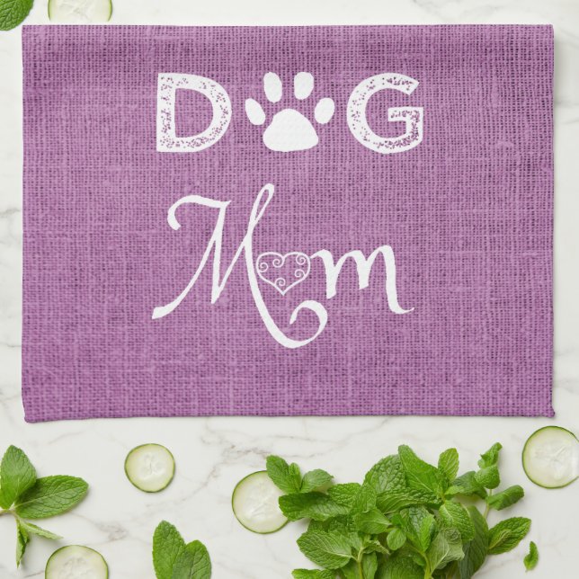 Magenta Burlap Dog Mum Kitchen Towel (Folded)