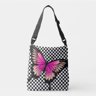 Magenta Butterfly Chequered Cross Body Tote Bag