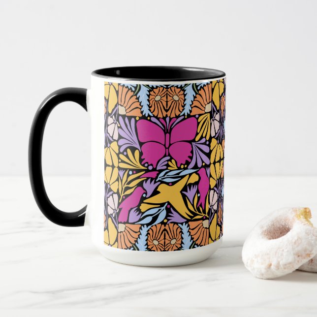 Magenta Butterfly In Botanical Mug (With Donut)