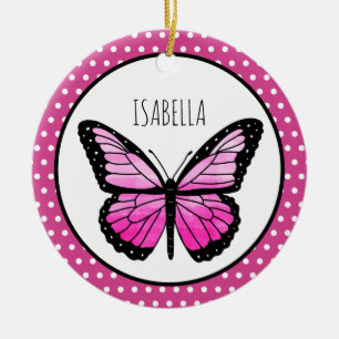 Magenta Butterfly Polka Dot Personalised Ceramic Ornament