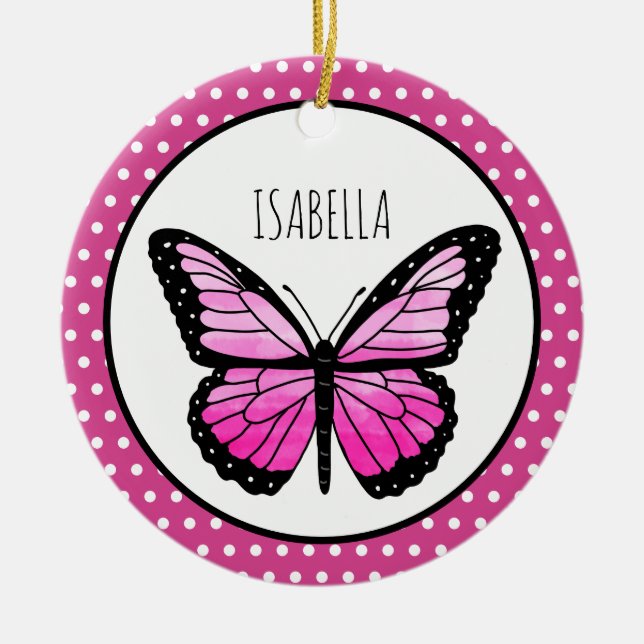 Magenta Butterfly Polka Dot Personalised  Ceramic Ornament (Front)