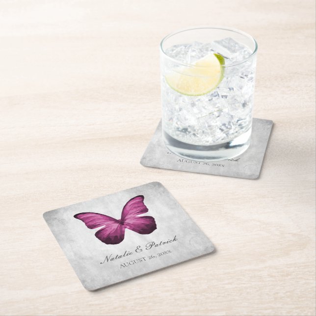 Magenta Butterfly Wedding Paper Coasters (Insitu)
