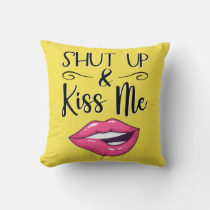 Magenta cartoon lips Shut up & kiss me yellow Cushion