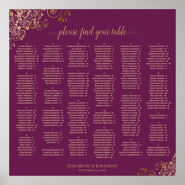 Magenta Cassis & Gold Alphabetical Seating Chart (Front)