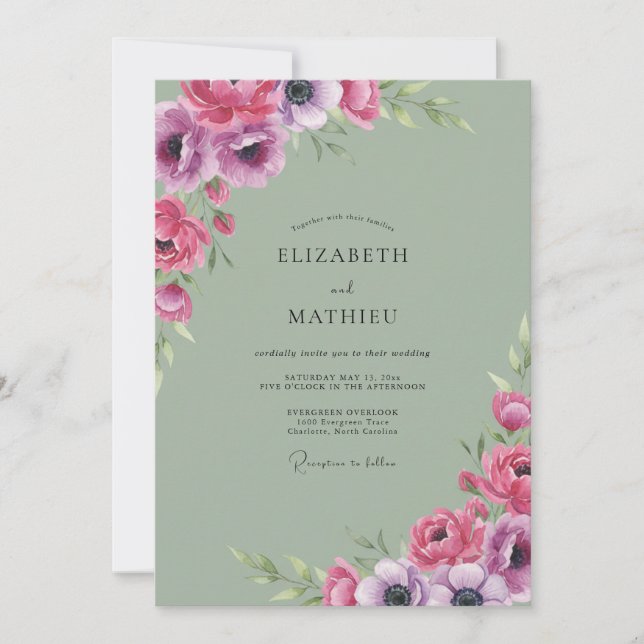 Magenta Celadon Anemone Wedding Invitation (Front)