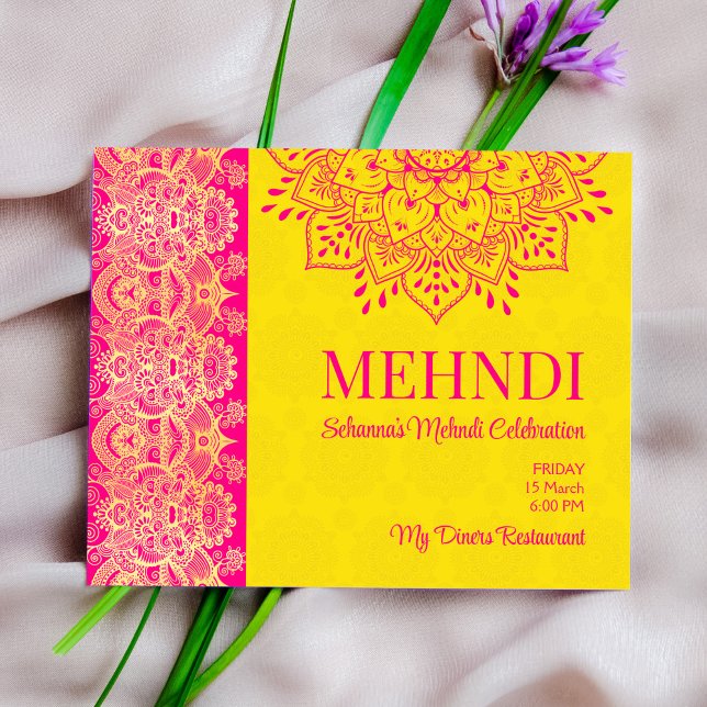 Magenta cerise bright yellow Mehndi budget invite (Creator Uploaded)