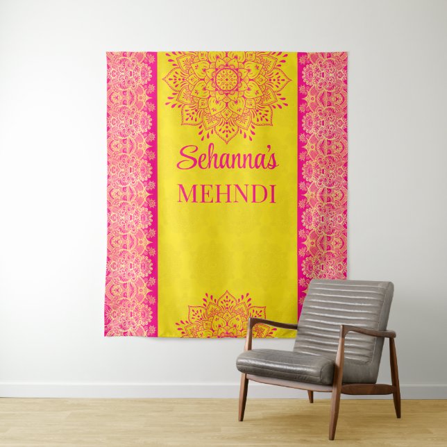 Magenta cerise bright yellow Mehndi photo backdrop Tapestry (In Situ)