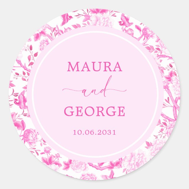 Magenta Chinoiserie Flower Bird Porcelain Wedding Classic Round Sticker (Front)