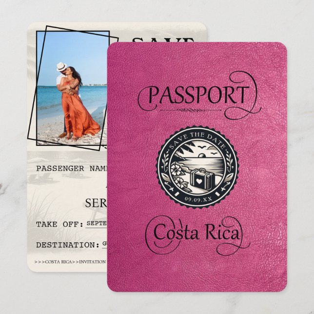 Magenta Costa Rica Passport Save The Date (Front/Back)