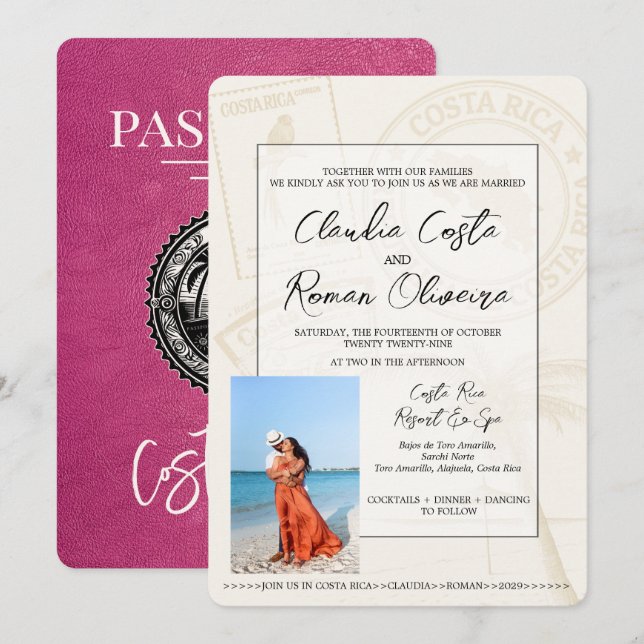 Magenta Costa Rica Passport Wedding Invitation (Front/Back)