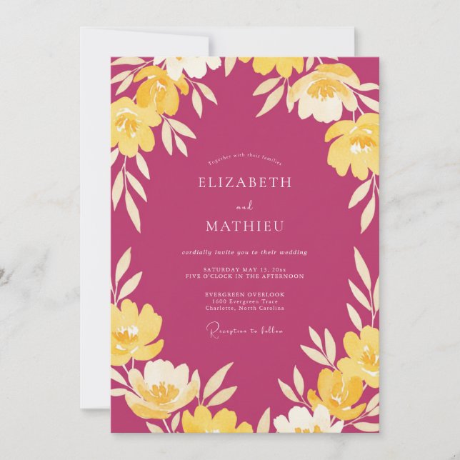 Magenta Cream Leafy Wedding Invitation (Front)