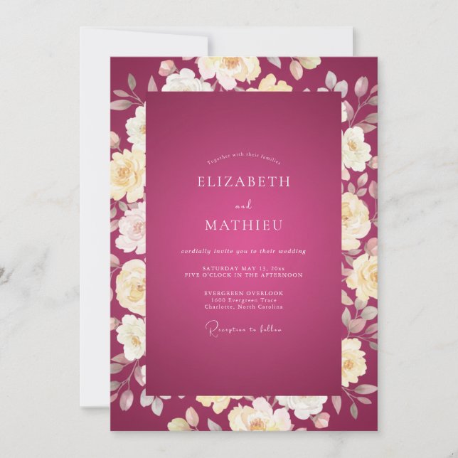 Magenta Cream Rose Wedding Invitation (Front)