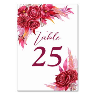 Magenta crimson burgundy flowers table number