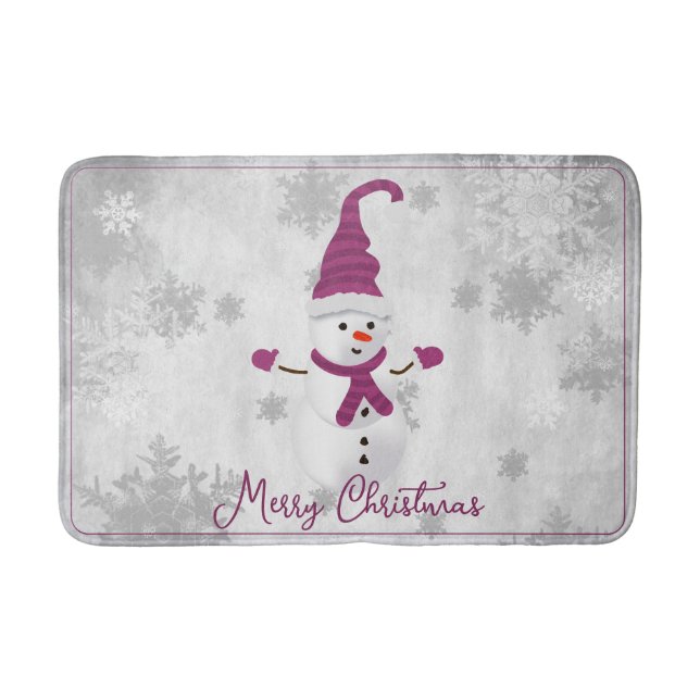 Magenta Cute Snowman Holiday Bath Mat (Front)
