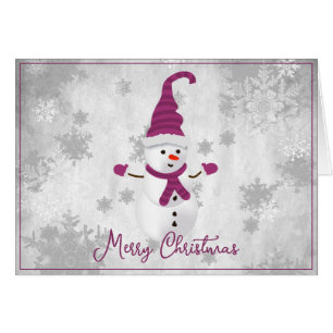 Magenta Cute Snowman Holiday Greeting Card