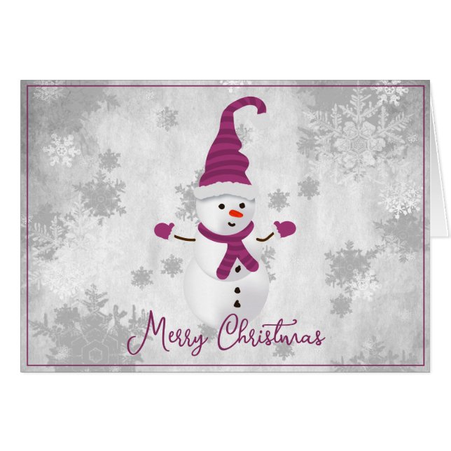 Magenta Cute Snowman Holiday Greeting Card (Front Horizontal)
