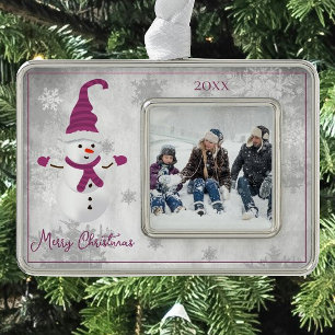 Magenta Cute Snowman Holiday Photo Silver Plated Framed Ornament
