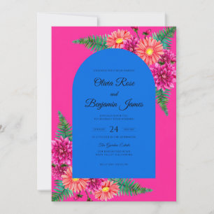 Magenta Daisy Cobalt Eucalyptus Wedding Invitation
