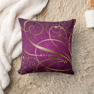 Magenta Damask Gold Swirls Flourishes Cushion