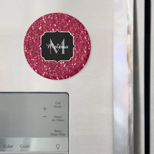 Magenta dark pink red sparkle glitter Monogram Magnet