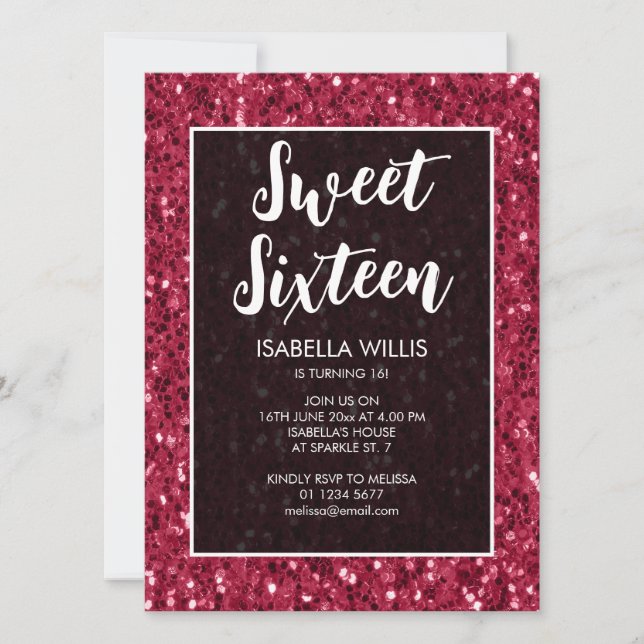 Magenta dark pink sparkles Sweet 16 elegant script Invitation (Front)