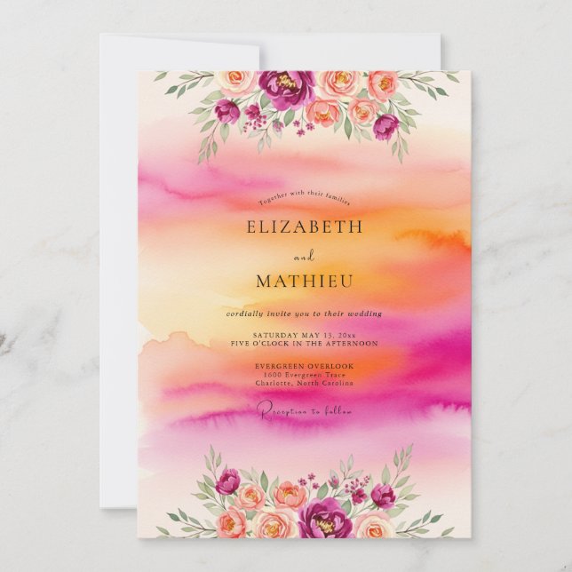 Magenta Dazzling Tropical Sunset Wedding Invitation (Front)